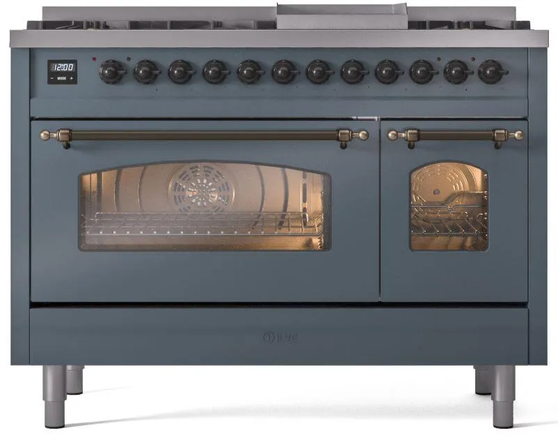 Ilve UP48FNMPBGBLP Nostalgie Ii 48 Inch Dual Fuel Liquid Propane Freestanding Range In Blue Grey With Bronze Trim