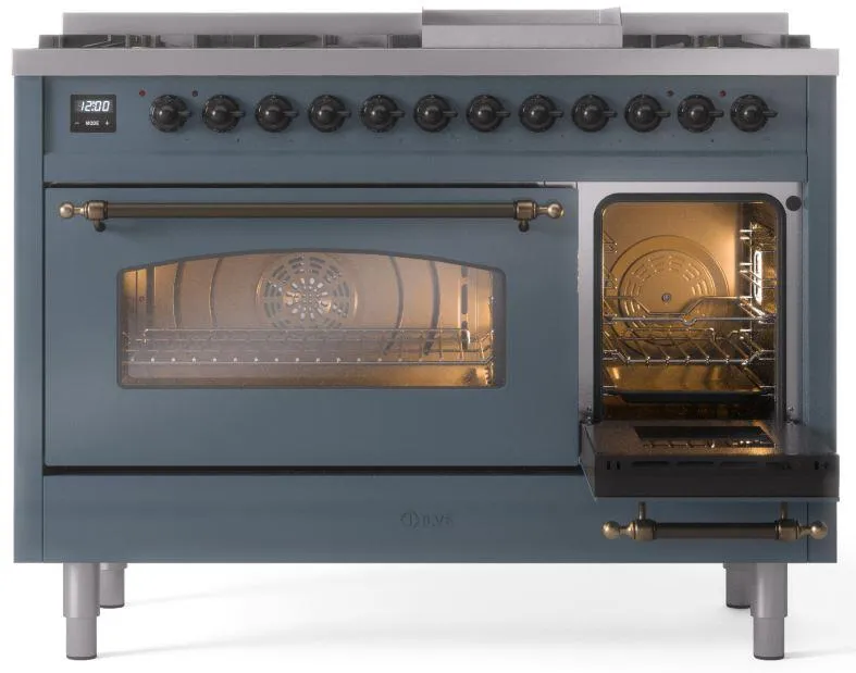Ilve UP48FNMPBGBLP Nostalgie Ii 48 Inch Dual Fuel Liquid Propane Freestanding Range In Blue Grey With Bronze Trim