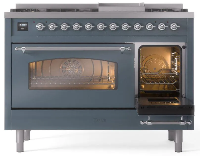 Ilve UP48FNMPBGCLP Nostalgie Ii 48 Inch Dual Fuel Liquid Propane Freestanding Range In Blue Grey With Chrome Trim