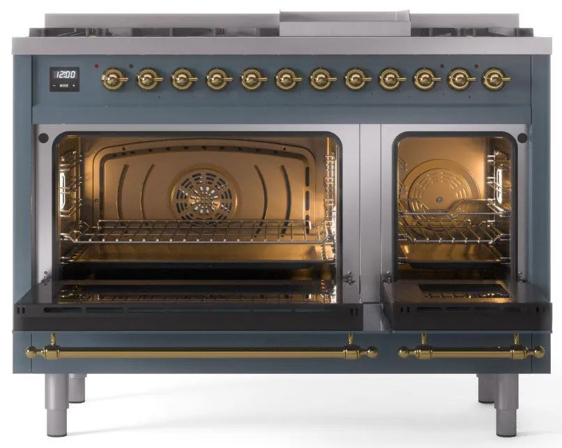 Ilve UP48FNMPBGGLP Nostalgie Ii 48 Inch Dual Fuel Liquid Propane Freestanding Range In Blue Grey With Brass Trim