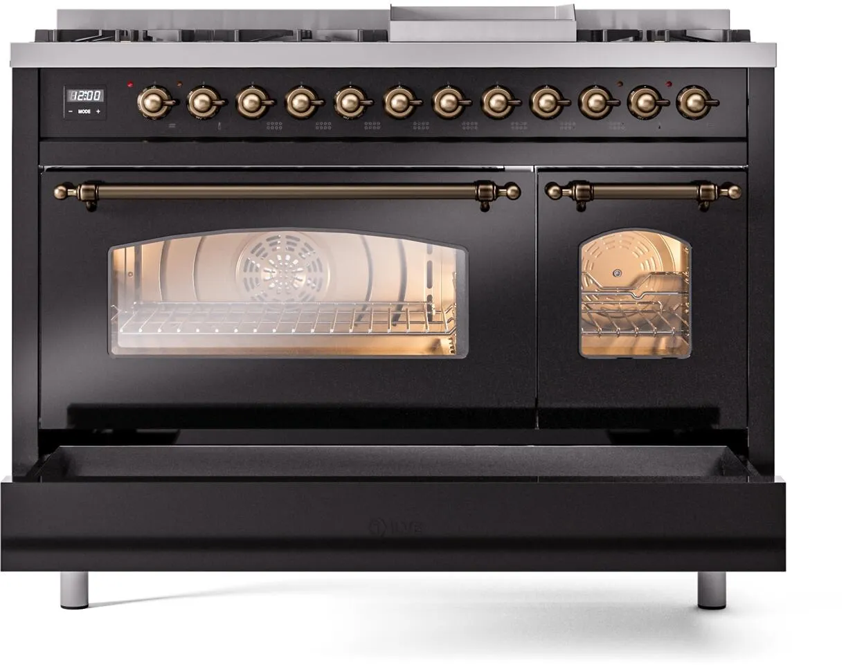 Ilve UP48FNMPBKBLP Nostalgie Ii 48 Inch Dual Fuel Liquid Propane Freestanding Range In Glossy Black With Bronze Trim
