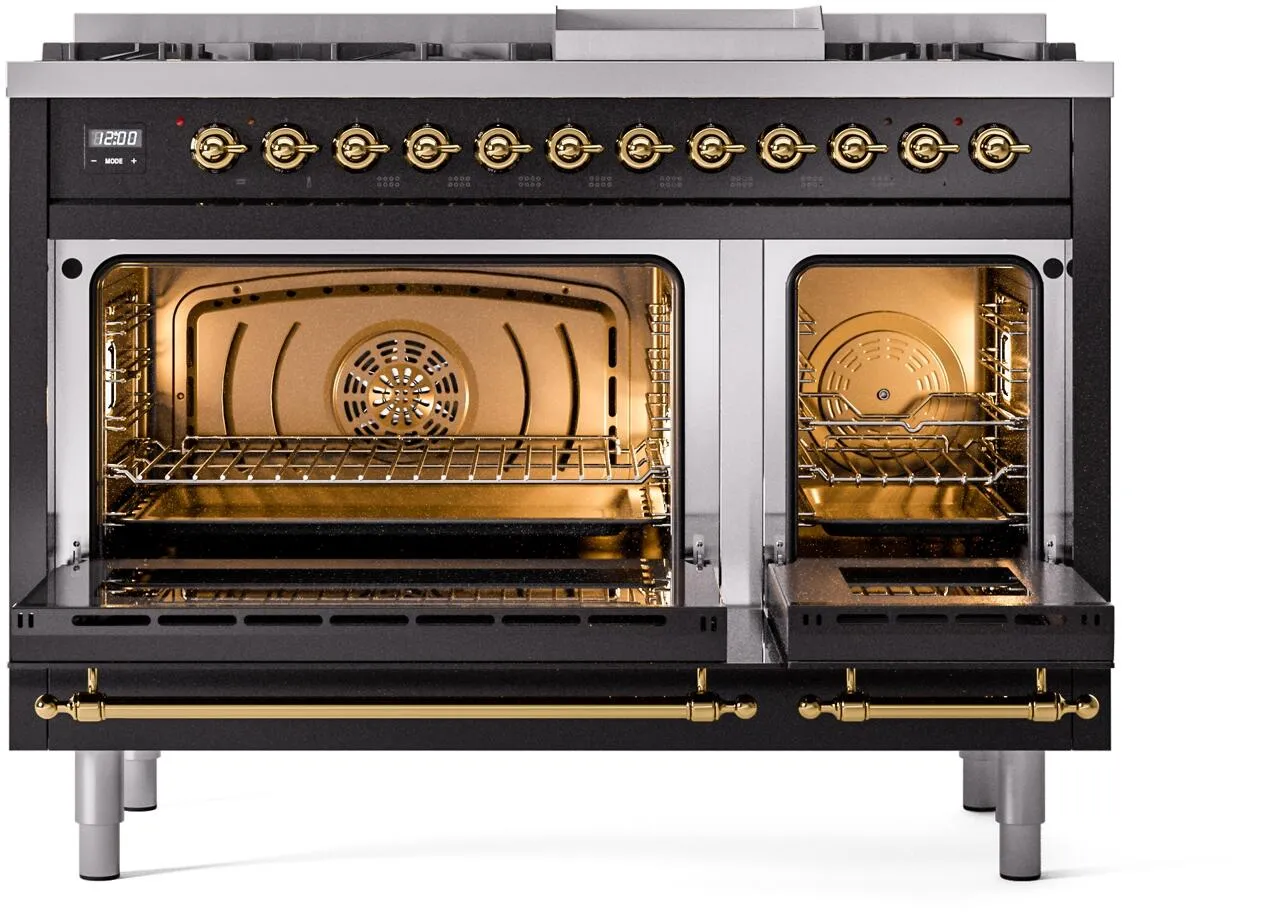 Ilve UP48FNMPBKGLP Nostalgie Ii 48 Inch Dual Fuel Liquid Propane Freestanding Range In Glossy Black With Brass Trim