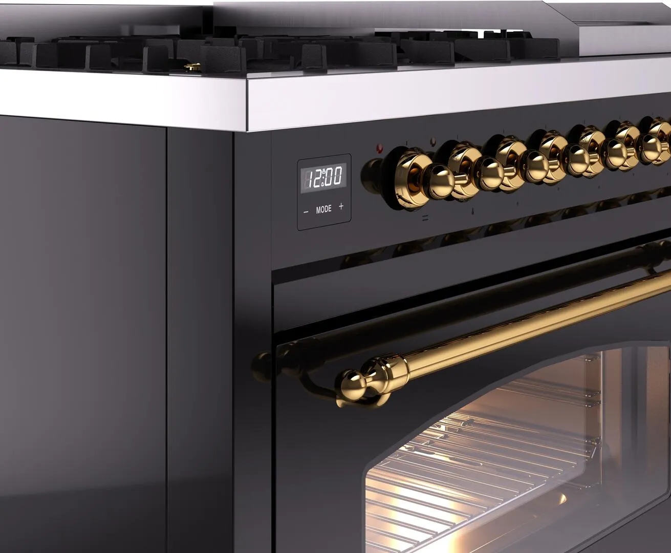 Ilve UP48FNMPBKGLP Nostalgie Ii 48 Inch Dual Fuel Liquid Propane Freestanding Range In Glossy Black With Brass Trim