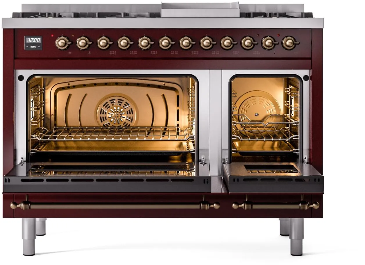 Ilve UP48FNMPBUBLP Nostalgie Ii 48 Inch Dual Fuel Liquid Propane Freestanding Range In Burgundy With Bronze Trim