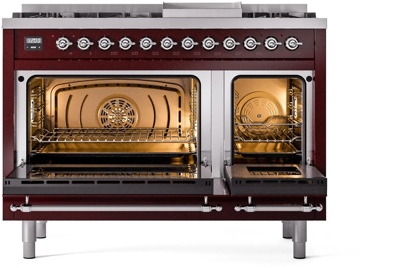 Ilve UP48FNMPBUCLP Nostalgie Ii 48 Inch Dual Fuel Liquid Propane Freestanding Range In Burgundy With Chrome Trim