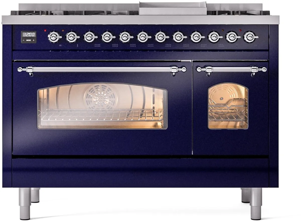 Ilve UP48FNMPMBC Nostalgie Ii 48 Inch Dual Fuel Natural Gas Freestanding Range In Blue With Chrome Trim