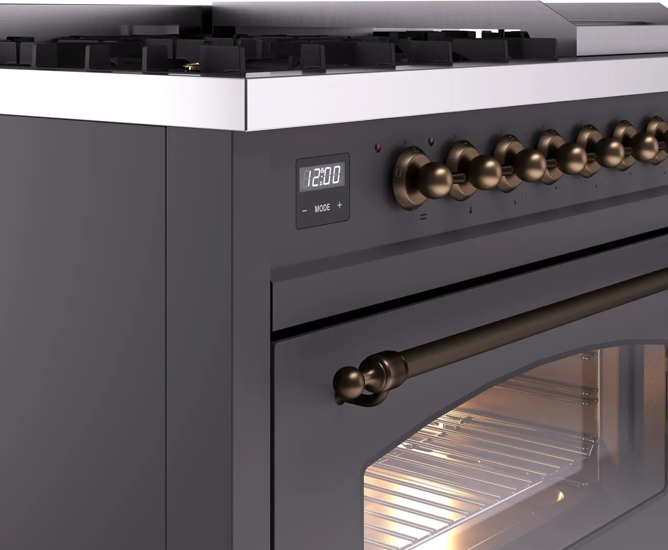 Ilve UP48FNMPMGB Nostalgie Ii 48 Inch Dual Fuel Natural Gas Freestanding Range In Matte Graphite With Bronze Trim