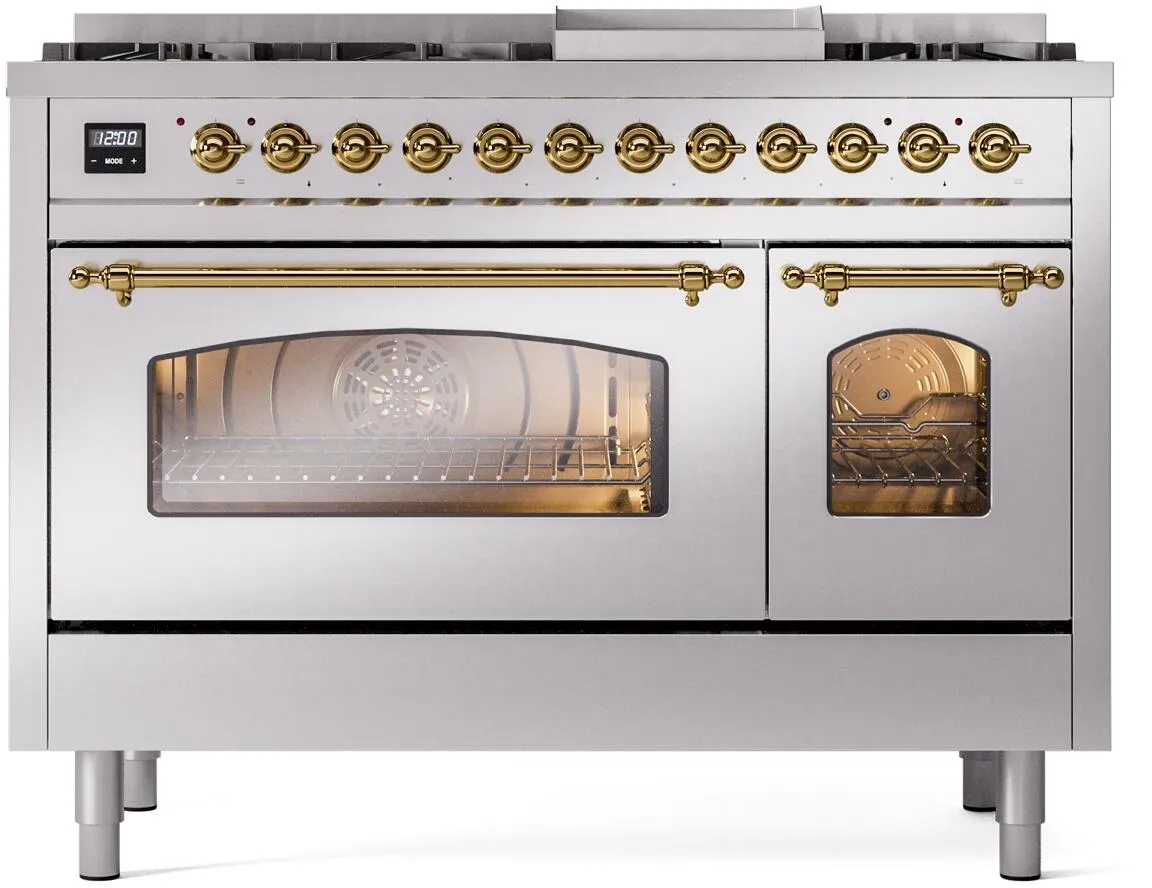 Ilve UP48FNMPSSGLP Nostalgie Ii 48 Inch Dual Fuel Liquid Propane Freestanding Range In Stainless Steel With Brass Trim