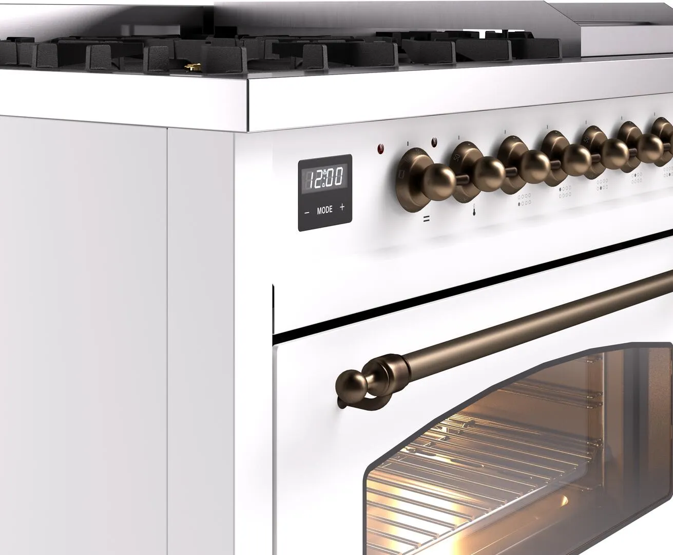 Ilve UP48FNMPWHBLP Nostalgie Ii 48 Inch Dual Fuel Liquid Propane Freestanding Range In White With Bronze Trim