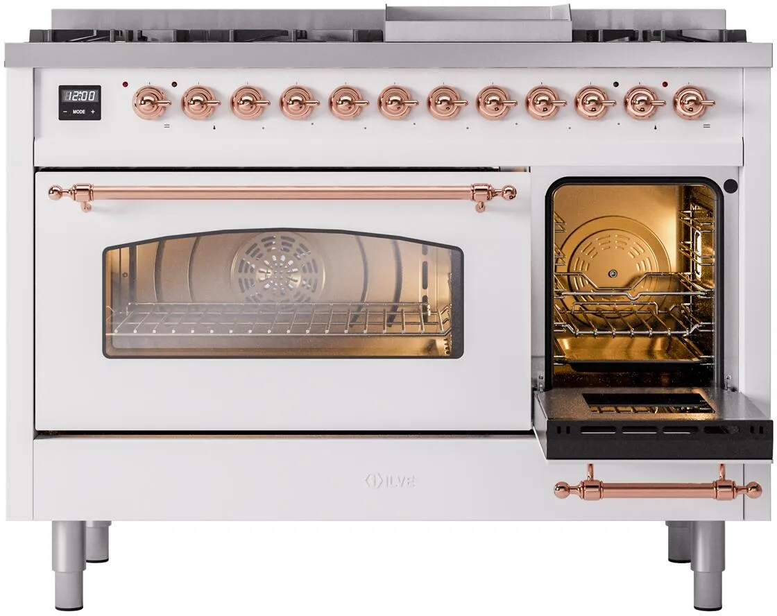 Ilve UP48FNMPWHPLP Nostalgie Ii 48 Inch Dual Fuel Liquid Propane Freestanding Range In White With Copper Trim
