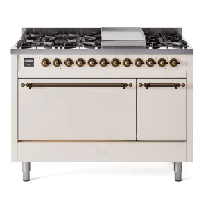 Ilve UP48FQNMPAWB Nostalgie Ii 48 Inch Dual Fuel Natural Gas Freestanding Range In Antique White With Bronze Trim