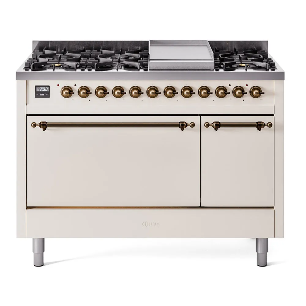 Ilve UP48FQNMPAWB Nostalgie Ii 48 Inch Dual Fuel Natural Gas Freestanding Range In Antique White With Bronze Trim