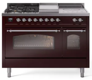 Ilve UP48FSNMPBUC Nostalgie Ii 48 Inch Dual Fuel Natural Gas Freestanding Range In Burgundy With Chrome Trim