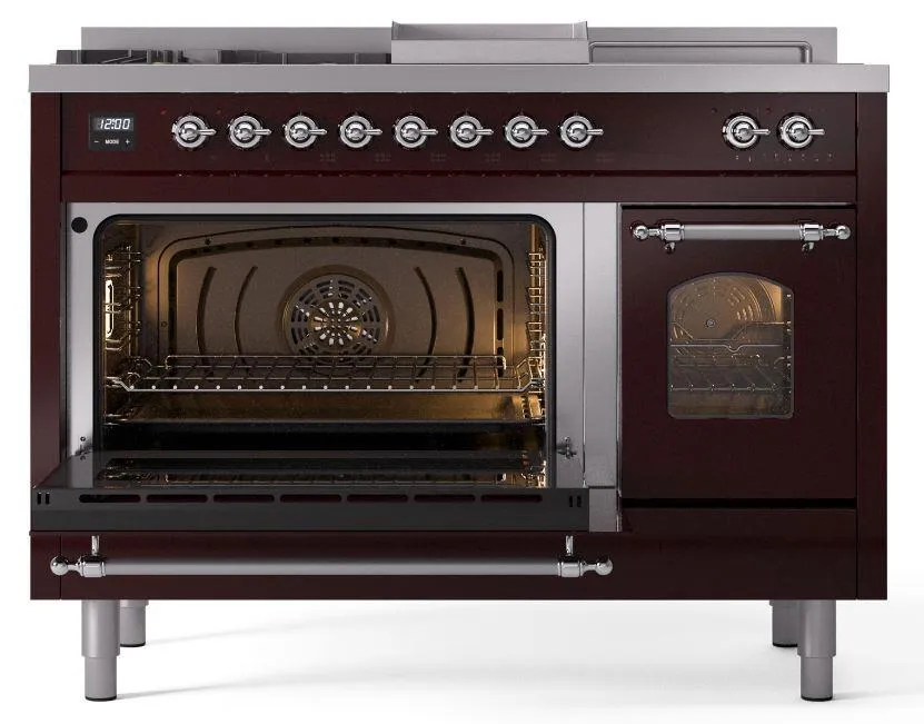 Ilve UP48FSNMPBUC Nostalgie Ii 48 Inch Dual Fuel Natural Gas Freestanding Range In Burgundy With Chrome Trim