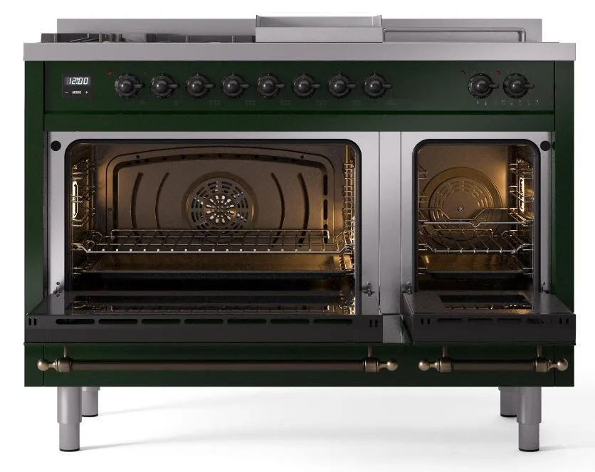 Ilve UP48FSNMPEGB Nostalgie Ii 48 Inch Dual Fuel Natural Gas Freestanding Range In Emerald Green With Bronze Trim