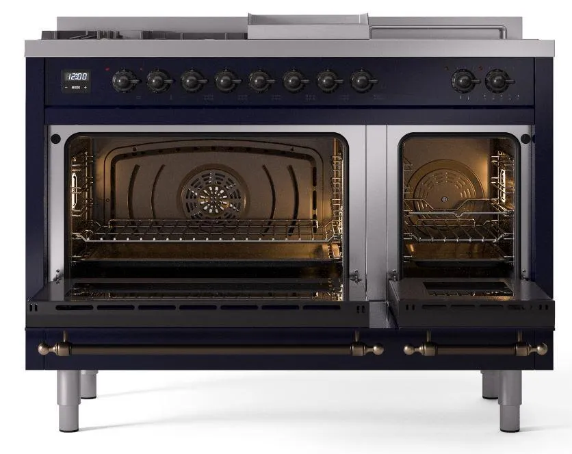 Ilve UP48FSNMPMBB Nostalgie Ii 48 Inch Dual Fuel Natural Gas Freestanding Range In Blue With Bronze Trim