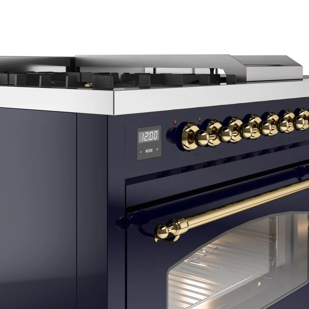 Ilve UP48FSNMPMBG Nostalgie Ii 48 Inch Dual Fuel Natural Gas Freestanding Range In Blue With Brass Trim