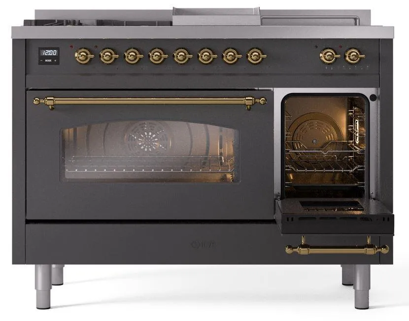 Ilve UP48FSNMPMGGLP Nostalgie Ii 48 Inch Dual Fuel Liquid Propane Freestanding Range In Matte Graphite With Brass Trim