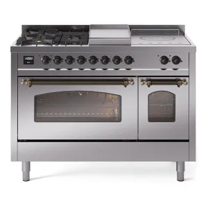 Ilve UP48FSNMPSSB Nostalgie Ii 48 Inch Dual Fuel Natural Gas Freestanding Range In Stainless Steel With Bronze Trim