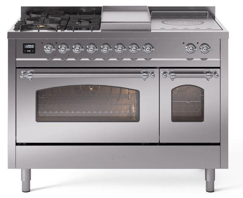 Ilve UP48FSNMPSSC Nostalgie Ii 48 Inch Dual Fuel Natural Gas Freestanding Range In Stainless Steel With Chrome Trim