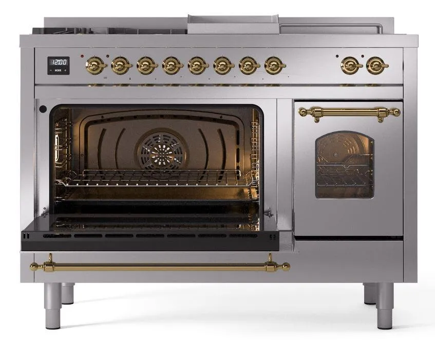 Ilve UP48FSNMPSSG Nostalgie Ii 48 Inch Dual Fuel Natural Gas Freestanding Range In Stainless Steel With Brass Trim