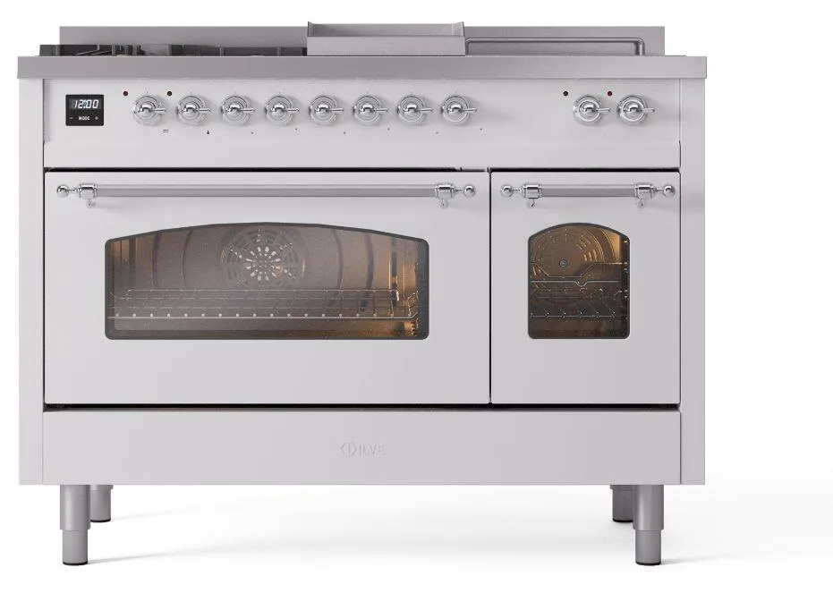 Ilve UP48FSNMPWHC Nostalgie Ii 48 Inch Dual Fuel Natural Gas Freestanding Range In White With Chrome Trim