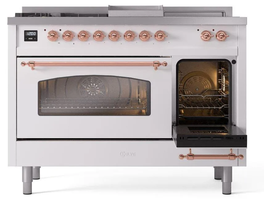Ilve UP48FSNMPWHPLP Nostalgie Ii 48 Inch Dual Fuel Liquid Propane Freestanding Range In White With Copper Trim