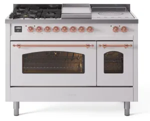 Ilve UP48FSNMPWHPLP Nostalgie Ii 48 Inch Dual Fuel Liquid Propane Freestanding Range In White With Copper Trim