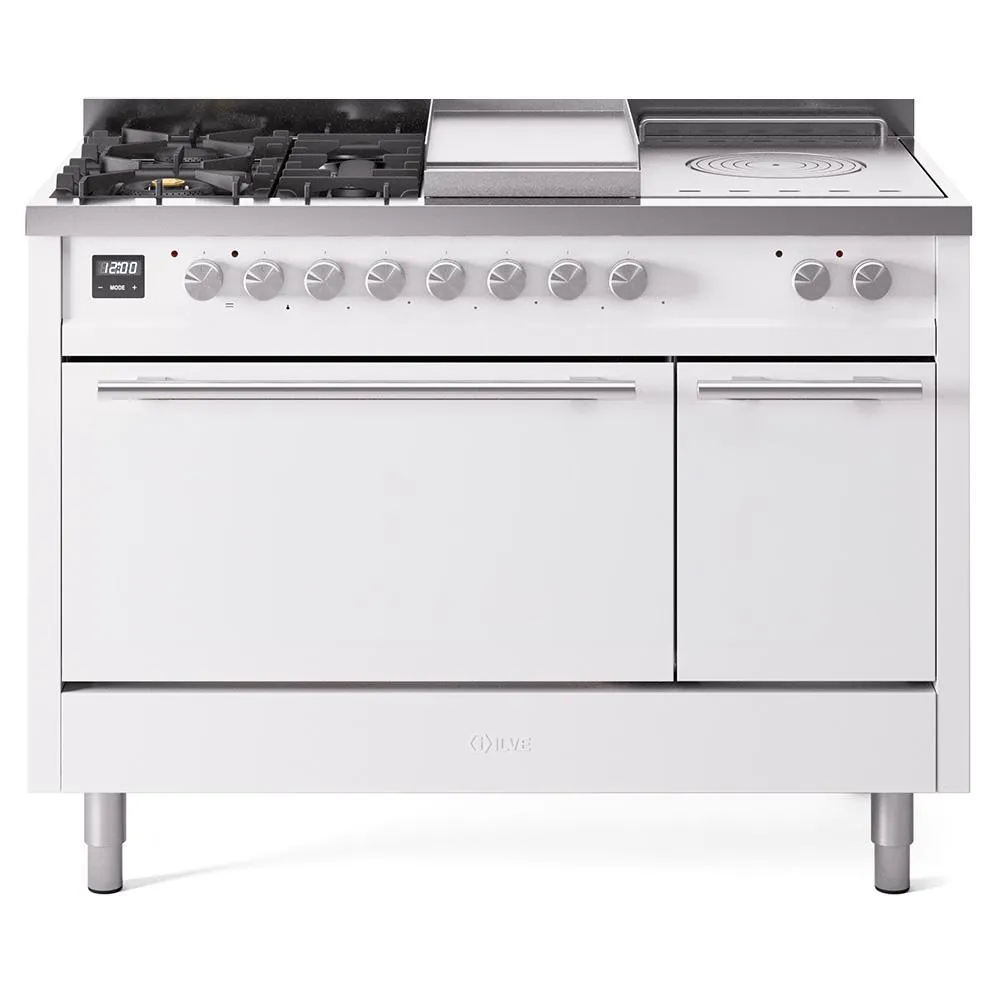 Ilve UP48FSQMPWHLP Ilve Professional Plus Ii 48 Up48Fsqmpwh Freestanding Dual Fuel Range With 5 Sealed Burners And French Top Double Oven With Solid Door In White With Stainless Steel Knobs
