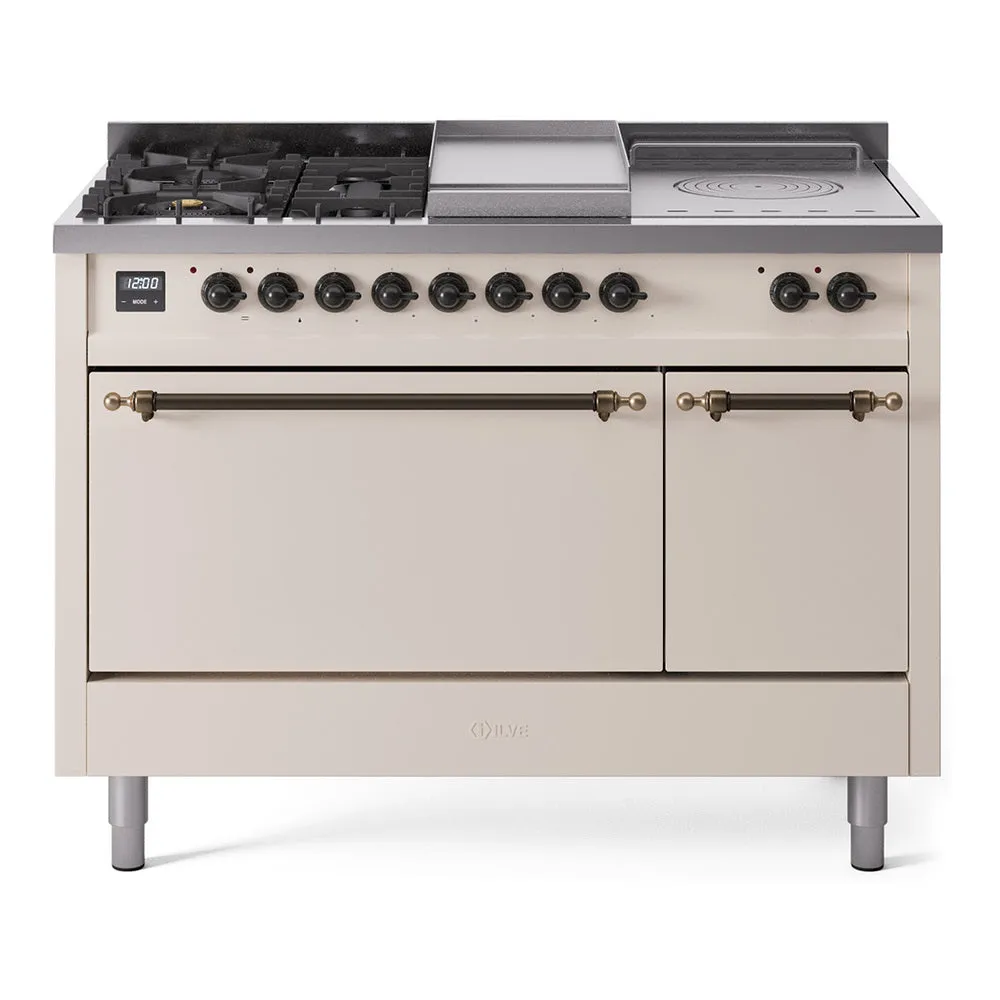 Ilve UP48FSQNMPAWB Nostalgie Ii 48 Inch Dual Fuel Natural Gas Freestanding Range In Antique White With Bronze Trim
