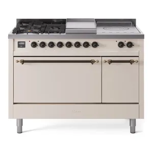 Ilve UP48FSQNMPAWB Nostalgie Ii 48 Inch Dual Fuel Natural Gas Freestanding Range In Antique White With Bronze Trim