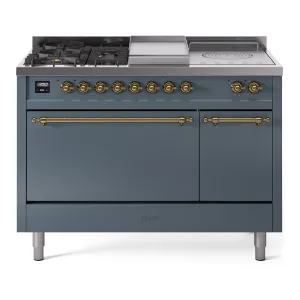 Ilve UP48FSQNMPBGG Nostalgie Ii 48 Inch Dual Fuel Natural Gas Freestanding Range In Blue Grey With Brass Trim