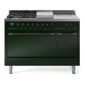 Ilve UP48FSQNMPEGB Nostalgie Ii 48 Inch Dual Fuel Natural Gas Freestanding Range In Emerald Green With Bronze Trim