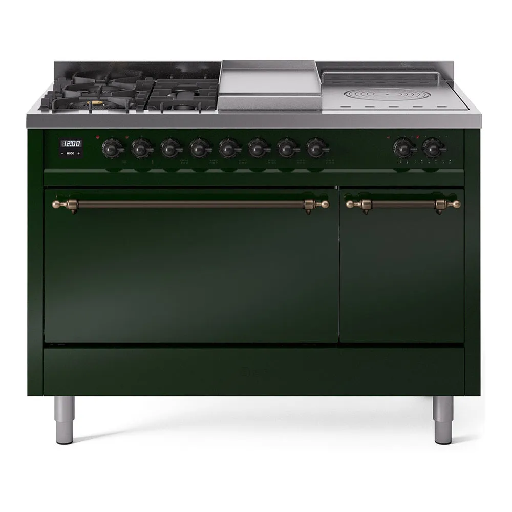 Ilve UP48FSQNMPEGB Nostalgie Ii 48 Inch Dual Fuel Natural Gas Freestanding Range In Emerald Green With Bronze Trim