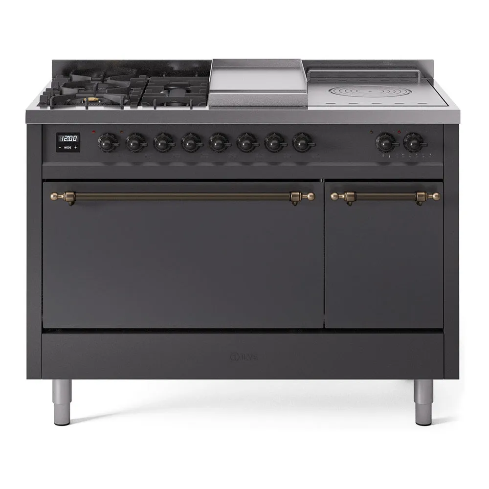 Ilve UP48FSQNMPMGB Nostalgie Ii 48 Inch Dual Fuel Natural Gas Freestanding Range In Matte Graphite With Bronze Trim