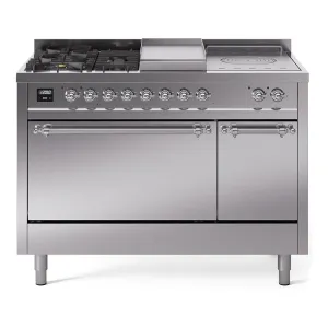 Ilve UP48FSQNMPSSC Nostalgie Ii 48 Inch Dual Fuel Natural Gas Freestanding Range In Stainless Steel With Chrome Trim