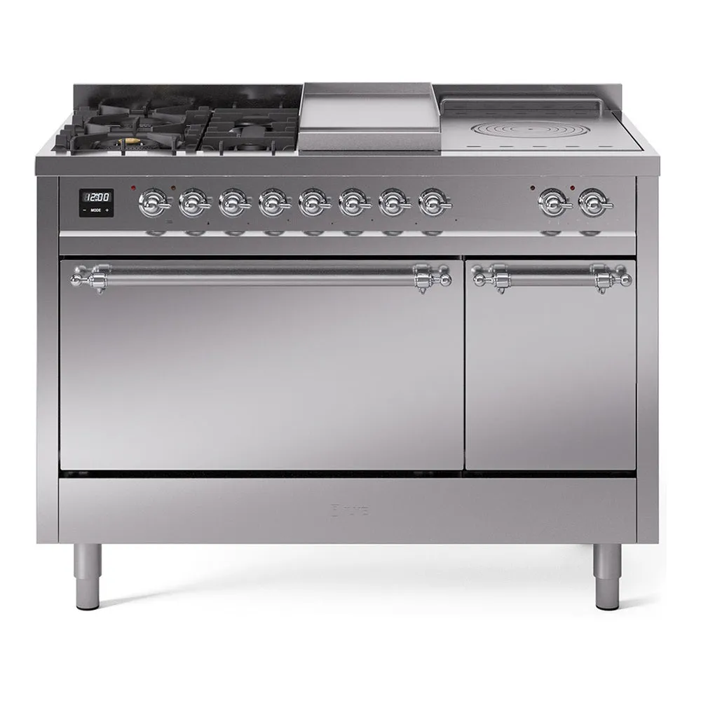 Ilve UP48FSQNMPSSC Nostalgie Ii 48 Inch Dual Fuel Natural Gas Freestanding Range In Stainless Steel With Chrome Trim