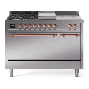 Ilve UP48FSQNMPSSP Nostalgie Ii 48 Inch Dual Fuel Natural Gas Freestanding Range In Stainless Steel With Copper Trim