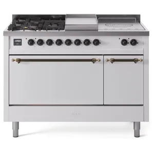 Ilve UP48FSQNMPWHBLP Ilve Nostalgie Ii 48 Up48Fsqnmpwhb Freestanding Dual Fuel Range With 5 Sealed Burners And French Top Double Oven With Solid Door In White With Bronze Knobs