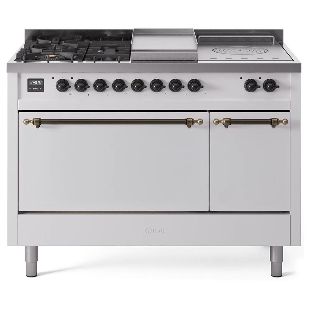 Ilve UP48FSQNMPWHBLP Ilve Nostalgie Ii 48 Up48Fsqnmpwhb Freestanding Dual Fuel Range With 5 Sealed Burners And French Top Double Oven With Solid Door In White With Bronze Knobs