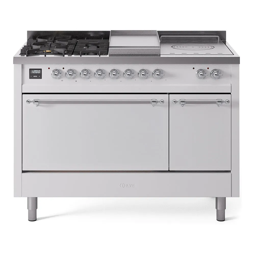 Ilve UP48FSQNMPWHC Nostalgie Ii 48 Inch Dual Fuel Natural Gas Freestanding Range In White With Chrome Trim