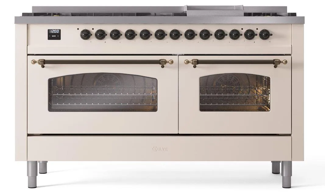 Ilve UP60FNMPAWB Nostalgie Ii 60 Inch Dual Fuel Natural Gas Freestanding Range In Antique White With Bronze Trim