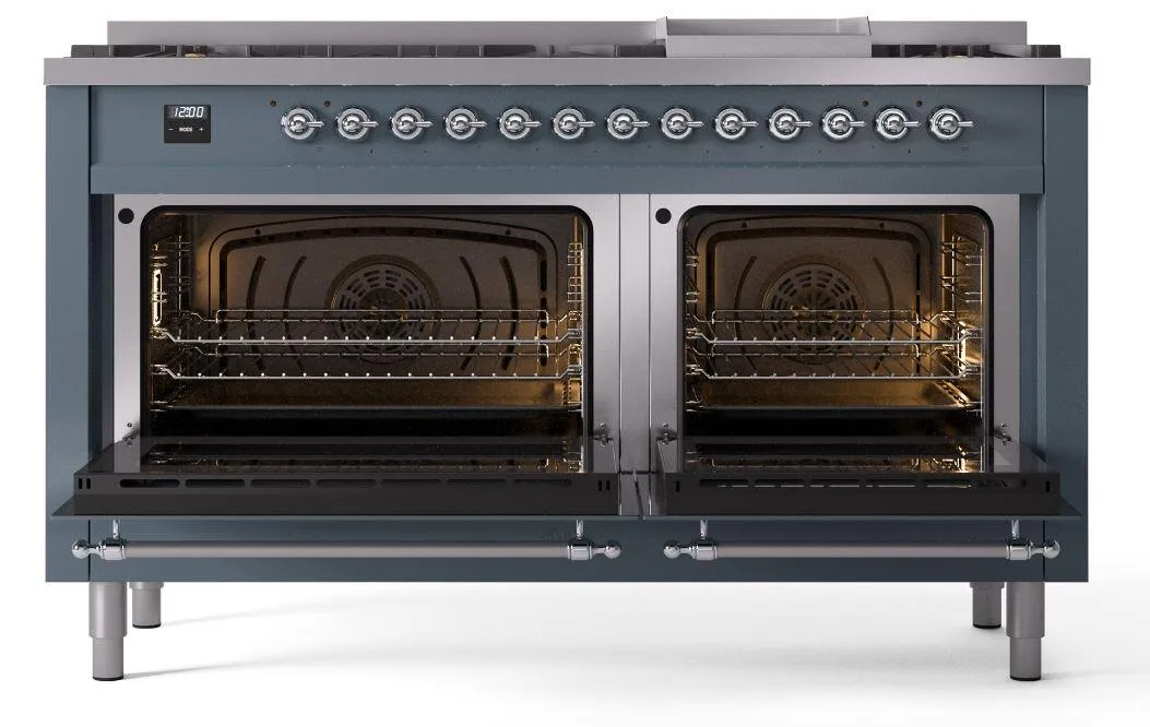 Ilve UP60FNMPBGC Nostalgie Ii 60 Inch Dual Fuel Natural Gas Freestanding Range In Blue Grey With Chrome Trim