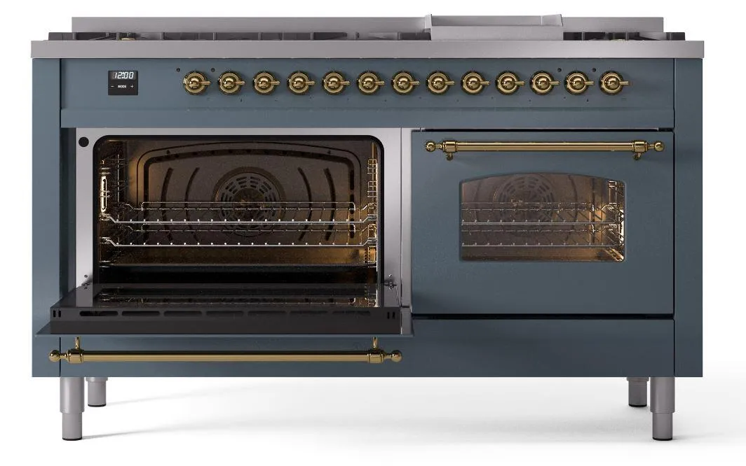 Ilve UP60FNMPBGGLP Nostalgie Ii 60 Inch Dual Fuel Liquid Propane Freestanding Range In Blue Grey With Brass Trim