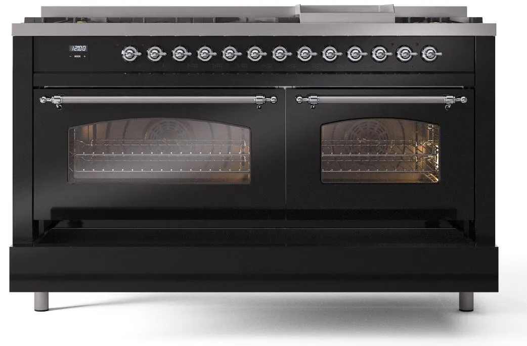 Ilve UP60FNMPBKC Nostalgie Ii 60 Inch Dual Fuel Natural Gas Freestanding Range In Glossy Black With Chrome Trim