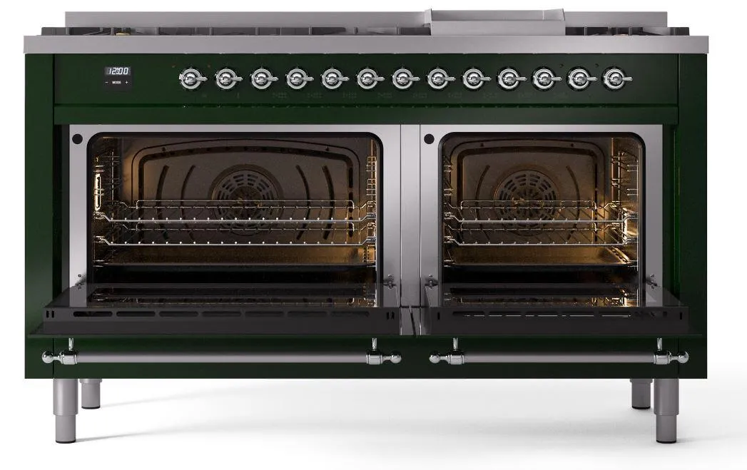Ilve UP60FNMPEGC Nostalgie Ii 60 Inch Dual Fuel Natural Gas Freestanding Range In Emerald Green With Chrome Trim