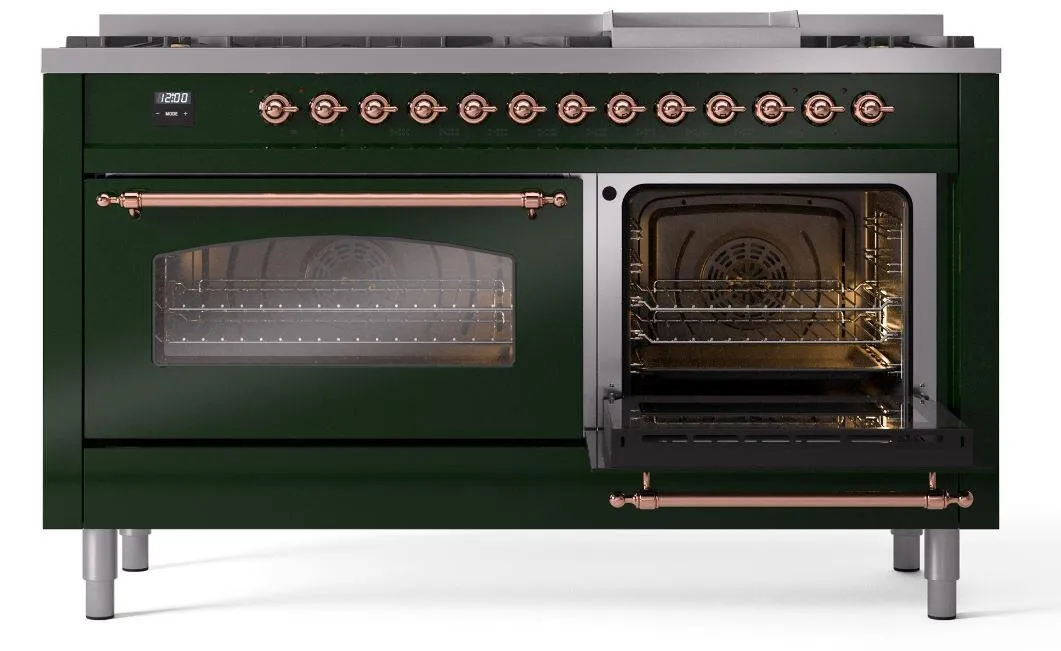 Ilve UP60FNMPEGPLP Nostalgie Ii 60 Inch Dual Fuel Liquid Propane Freestanding Range In Emerald Green With Copper Trim