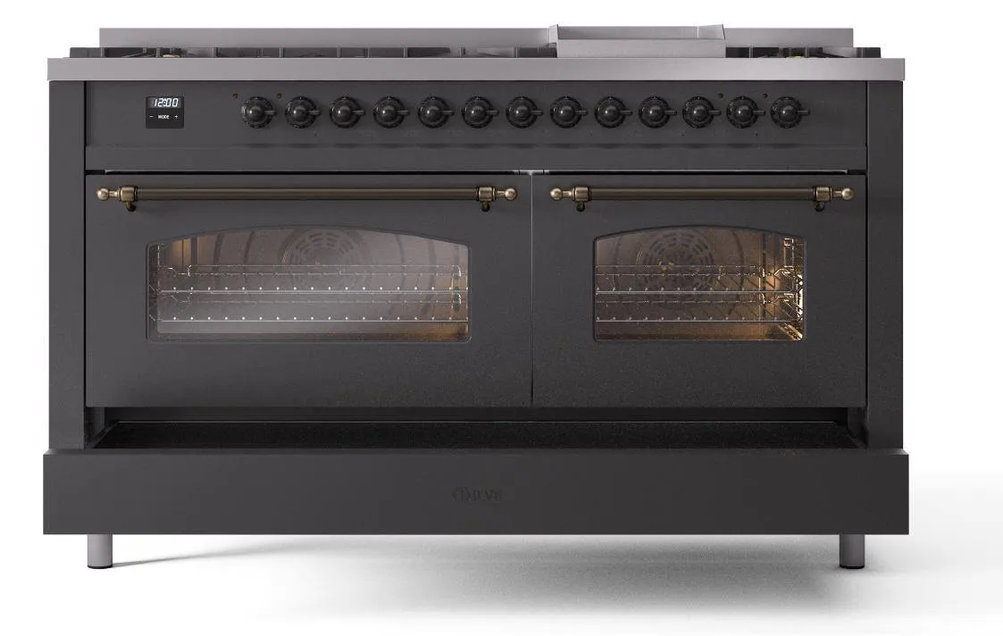 Ilve UP60FNMPMGBLP Nostalgie Ii 60 Inch Dual Fuel Liquid Propane Freestanding Range In Matte Graphite With Bronze Trim