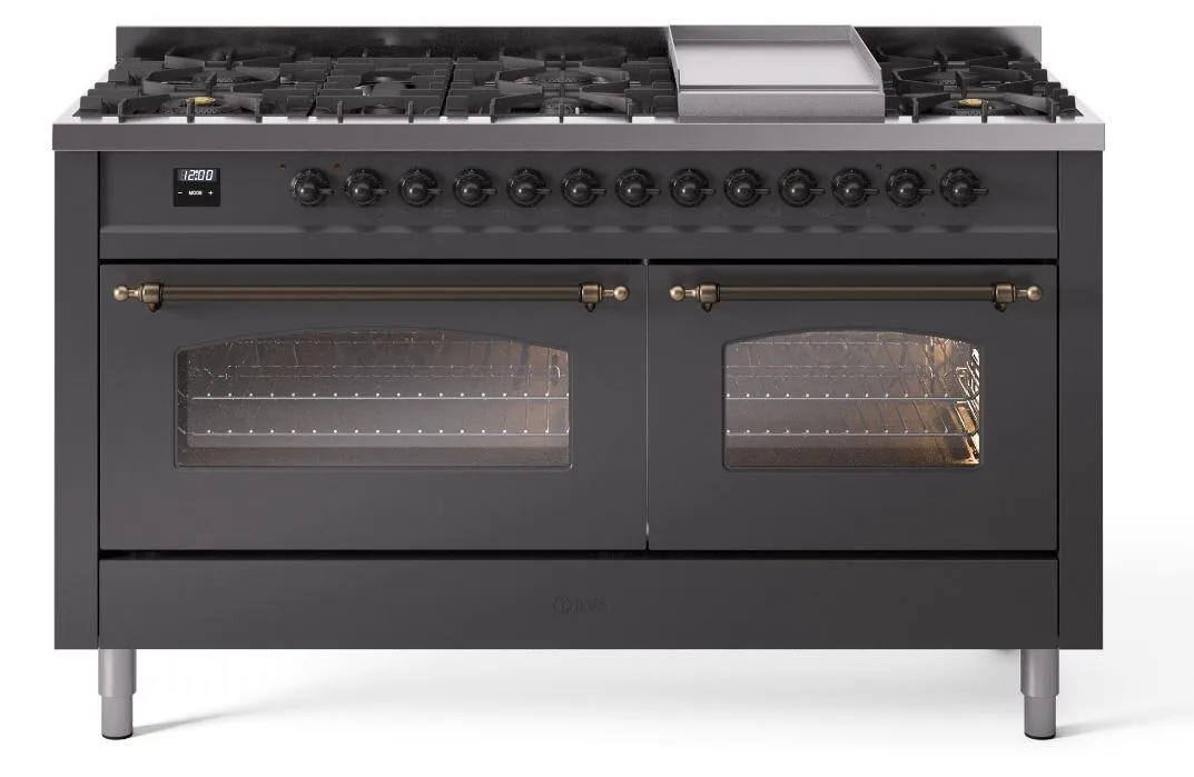 Ilve UP60FNMPMGBLP Nostalgie Ii 60 Inch Dual Fuel Liquid Propane Freestanding Range In Matte Graphite With Bronze Trim