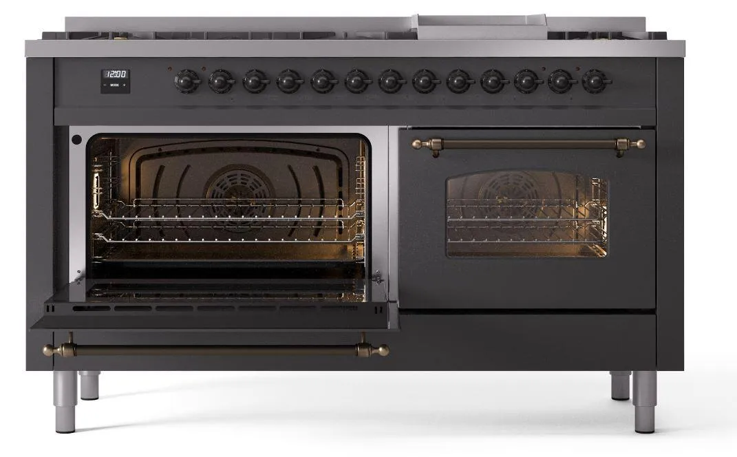 Ilve UP60FNMPMGBLP Nostalgie Ii 60 Inch Dual Fuel Liquid Propane Freestanding Range In Matte Graphite With Bronze Trim